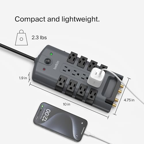 Belkin Surge Protector Power Strip w/ 8 Rotating & 4 Standard Outlets - 8ft Sturdy Extension Cord w/ Flat Pivot Plug for Home, Office, Travel, Desktop & Charging Brick - 4320 Joules of Protection - style: 1 Pack