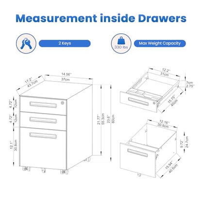 Dripex 3 Drawer Metal Rolling File Cabinet Under Desk Filing Cabinet Black | 15"W x 18"D x 24"H, Lockable, 5 Wheels, Fully Assembled, Letter/Legal Size, Suitable for Home Office - color: Black