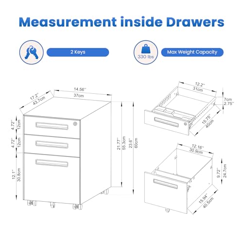 Dripex 3 Drawer Metal Rolling File Cabinet Under Desk Filing Cabinet Grey | 15"W x 18"D x 24"H, Lockable, 5 Wheels, Fully Assembled, Letter/Legal Size, Suitable for Home Office - color: Grey
