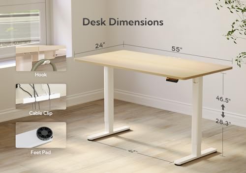 Claiks Electric Height Adjustable Standing Desk, 55x24 Inch, Nature | Smooth Height Adjustment, 3 Memory Presets, Cable Management Hub&Hook, Stable Steel Frame, 176lbs Capacity, Easy Assembly - color: Nature, size: 55