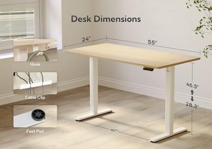 Claiks Electric Height Adjustable Standing Desk, 55x24 Inch, Nature | Smooth Height Adjustment, 3 Memory Presets, Cable Management Hub&Hook, Stable Steel Frame, 176lbs Capacity, Easy Assembly - color: Nature, size: 55