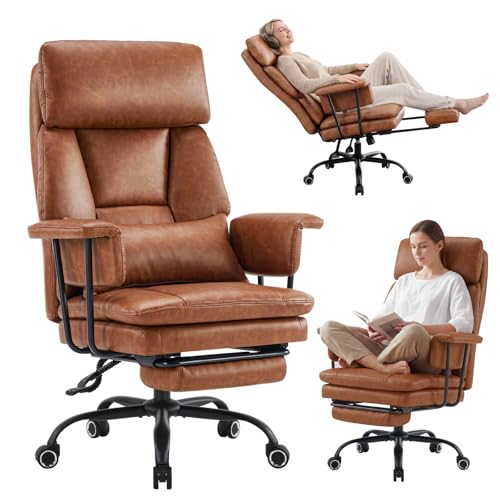 Big and Tall Office Chair, PU Leather High Back Executive Office Chair with Adjustable Lumbar Support, Gaming Chair with Padded Arm and Pillow, Height Adjustment, Footrest, Brown - color: Brown-1