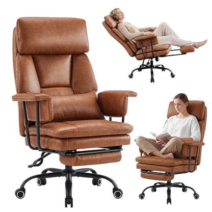Big and Tall Office Chair, PU Leather High Back Executive Office Chair with Adjustable Lumbar Support, Gaming Chair with Padded Arm and Pillow, Height Adjustment, Footrest, Brown - color: Brown-1