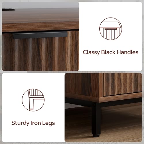 47" Office Desk with Fluted Drawers, Wooden Home Exectuive Desk with Storage Cabinet, Charging Station, Metal Legs Modern Farmhouse Computer Desk for Work, Study, Brown - color: Brown