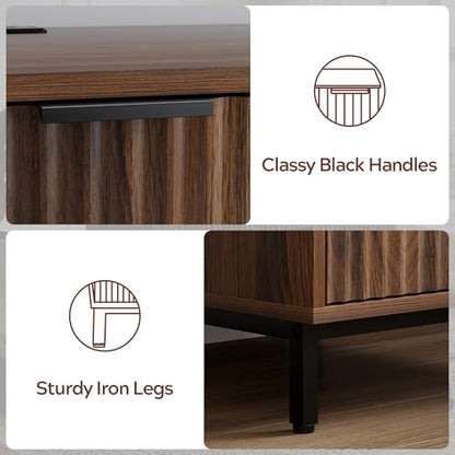 47" Office Desk with Fluted Drawers, Wooden Home Exectuive Desk with Storage Cabinet, Charging Station, Metal Legs Modern Farmhouse Computer Desk for Work, Study, Brown - color: Brown