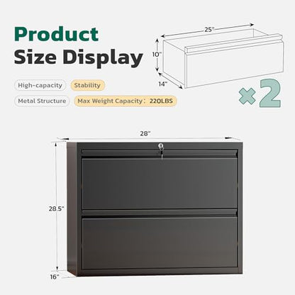 Greenvelly Lateral File Cabinet 2 Drawer, Black File Cabinet with Lock, Lockable Metal Filing Cabinet for Home Office, 2 Drawer File Cabinet for A4 & Letter Size Hanging Folders
