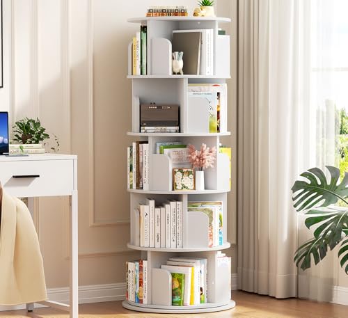 Aheaplus 5 Tier Wood Rotating Bookshelf, 360° Spinning Book Shelf Tower - color: White, size: 5-Tier