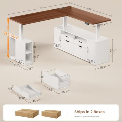 SEDETA Modern L Shaped Executive Electric Standing Desk with 4 Drawers | 69" x 55" Height Adjustable Office Desk with Storage Shelves, Power Outlet, Sit Stand Computer Desk, White and Brown - color: Modern White + Brown