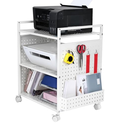 Mythinglogic 3-Tier Rolling Printer Stand with Pegboard and File Holder | Metal cart with adjustable shelves and locking wheels for printers, scanners, paper, craft tools and classroom supplies - color: White