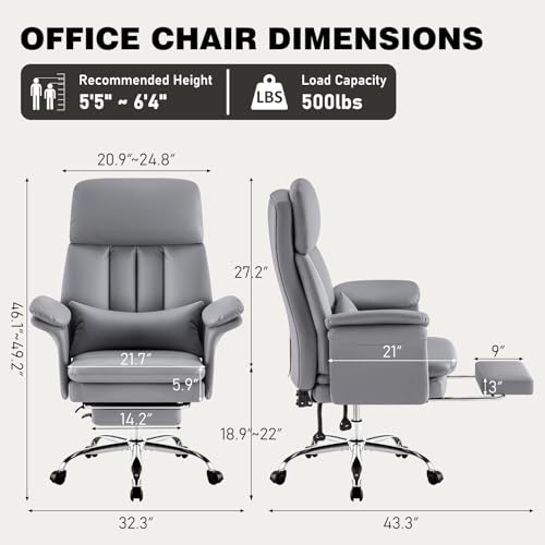 Comfortable Home Office Chair with Footrest 400lbs, Premium PU Leather Office Chair with High Back Adjustable Lumbar Support Double-Layered Armrests,Reclining Chairs,Gray - color: Grey