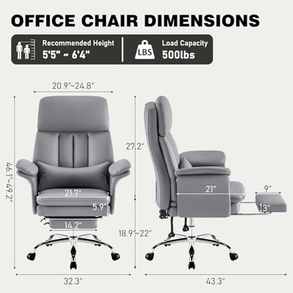 Comfortable Home Office Chair with Footrest 400lbs, Premium PU Leather Office Chair with High Back Adjustable Lumbar Support Double-Layered Armrests,Reclining Chairs,Gray - color: Grey