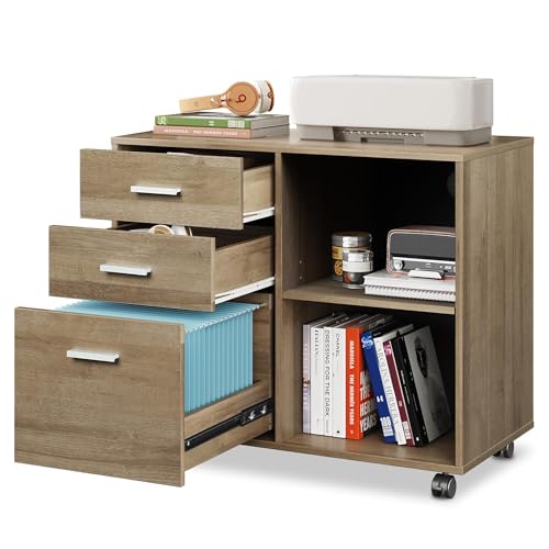 DEVAISE Wood File Cabinet, 3 Drawer Lateral Filing Cabinet, Gray Oak | Mobile Office Cabinet, Printer Stand, Open Storage Shelves, Letter & A4 Compatible, Home Office - color: Gray Oak, style: Upgrade