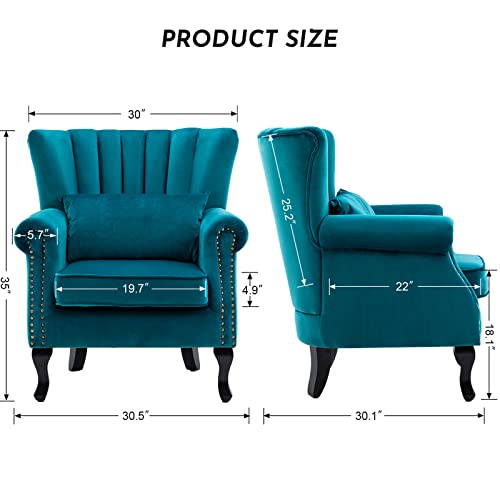 LZAREAL Accent Reading Arm Chairs Midcentury Modern Comfy Corner Sofa Chair, Wingback Waiting Room Club Chair with Tufted Back for Living Room/Bedroom/Reception Room, Velvet Teal - color: Teal, size: 1 Chair