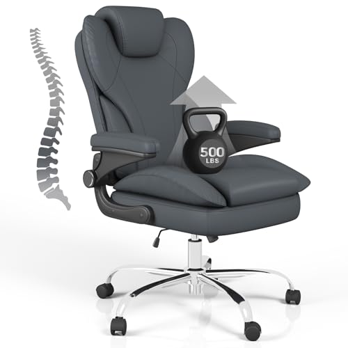 Home Office Chair with Flip-Up Arms, Leather Executive Desk Chair, Grey | Ergonomic Lumbar Support, 500 LBS Capacity, Memory Foam Seat, Adjustable Height, 360° Swivel Casters for Work Study - color: Grey