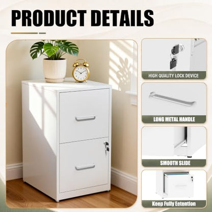 2 Drawer File Cabinet with Lock, 25.6" H Small File Cabinet - color: White, size: 25.6"H - 2 Drawer