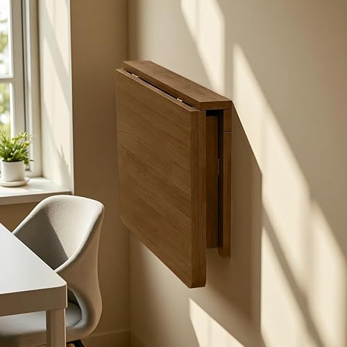 MM MELISEN Wall Mount Folding Table - 37x22 Inch, Walnut Versatile Table for Kitchen prep or Craft Studio. Solid Wood Surface Folds Flat. Perfect for Meal prep and Creative Projects - color: Walnut, size: 95X55CM/38X22IN