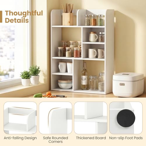 Tangkula Desktop Bookshelf, 5-Tier Desktop Display Rack with 4 Open Shelves & 4 Cubes, Modern Tabletop Bookcase Organizer for Computer Desk, Countertop Storage Hutch for Home Office Dorm (White) - size: 23.5" x 9" x 31.5"