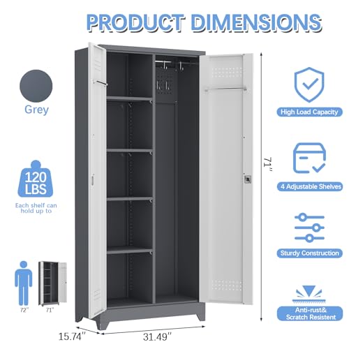 Metal Storage Cabinets with Doors and Shelves,Tall Broom Closet Storage Cabinet with Pegboard,Utility Tool Cabinets,Steel Locking Cabinets for Home Office,Basement,Laundry,Grey-White - size: 72"H x 31.5"W x 15.74"D-Grey/white