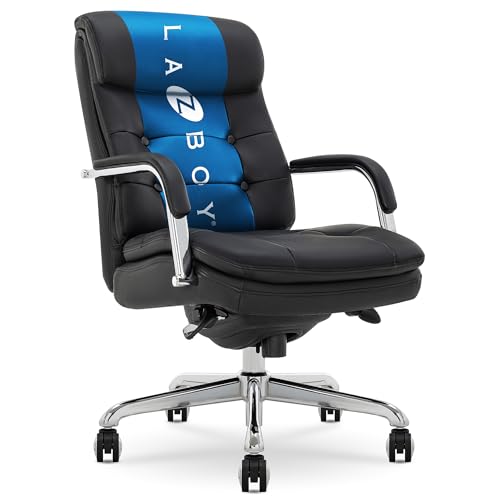 La-Z-Boy Sonata Executive Mid-Back Office Chair, Button-Tufted Seat and Back, Double-Layer Cushion, Padded Armrests, Ergonomic Computer DeskChair, Swivel Metal Base, Bonded Leather, Black/Chrome - color: Black and Chrome