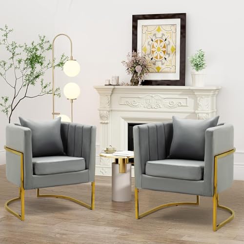 Velvet Accent Barrel Chairs Set of 2, Modern Arm Club Chair Set with Pillow for Living Room/Bedroom/Guest Reception, Channel Tufted, Gold Finish Base, Grey - color: Grey, size: 2 PCS