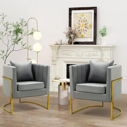 Velvet Accent Barrel Chairs Set of 2, Modern Arm Club Chair Set with Pillow for Living Room/Bedroom/Guest Reception, Channel Tufted, Gold Finish Base, Grey - color: Grey, size: 2 PCS