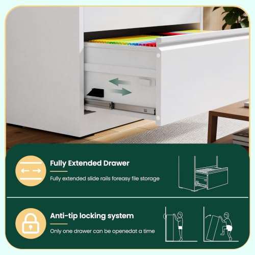 3 Drawer Lateral File Cabinet with Lock, File Cabinet for Home Office,White | Heavy-Duty Steel Locking File Cabinet, Hanging Letter/Legal/A4 Size, Full-Extension Silent Drawer, Un-Assembly - color: White, size: 3 Drawers