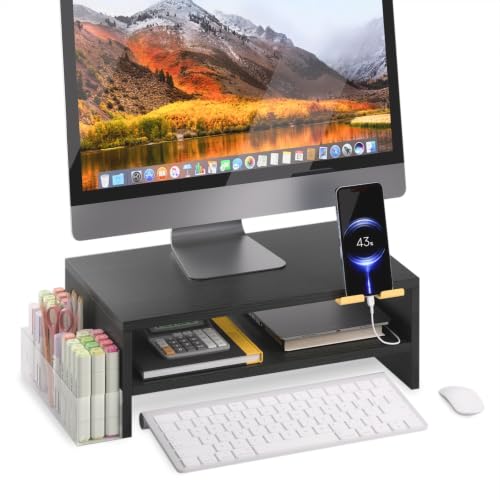 TEAMIX 2 Tiers Wood Monitor Stand Riser with Phone Holder & Side Pen Holder - color: Black, size: 15.7 x 9.5 x 5.7 inches