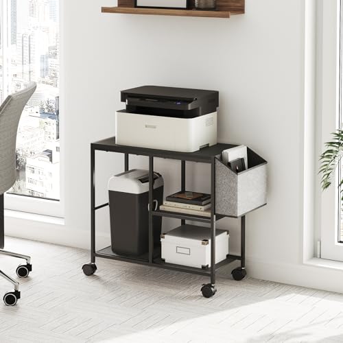 MAHANCRIS Printer Stand with Storage Bag, 3-Tier Mobile Under Desk Printer Cart with Wheels, Wooden Rolling Printer Table, Organizer Shelf for Study, Office, Living Room, Black PTHB2201 - color: Black