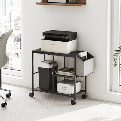 MAHANCRIS Printer Stand with Storage Bag, 3-Tier Mobile Under Desk Printer Cart with Wheels, Wooden Rolling Printer Table, Organizer Shelf for Study, Office, Living Room, Black PTHB2201 - color: Black