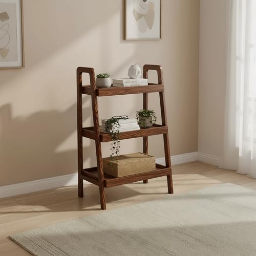 Solid Oak Ladder Bookshelf, 3 Tier Small Bookshelf Walnut Display Shelf | 3 tier ladder bookshelf with spacious shelves for books, plants and decor, ideal for living rooms, bedrooms and offices. - color: Walnut Color, size: 3 Tier (13.4" L x 25.6" W x 36.