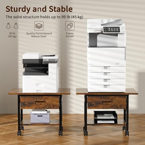 Aetheris Heavy-Duty Printer Stand with Locking Wheels, 2 -Tier Under Desk Table with Storage Drawer, Large Rolling Cart, Printer Table, Fits Printer Scanner Fax Machine, 22" x 15" x 18.3", Brown - color: Brown