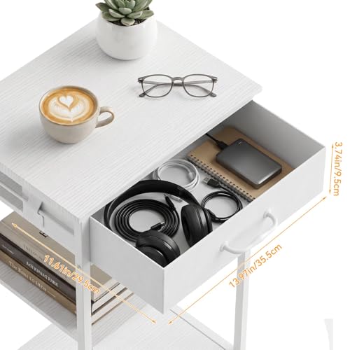 Printer Stand with Fabric Drawer, 3-Tier Industrial Sturdy Under Desk Printer Cart with Open Storage, Narrow Printer Table for Home Office, Fits Printer Scanner Fax Machine, White