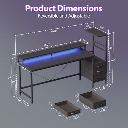 Mericonia 60 inch Gaming Desk with Drawers, Reversible Computer Desk, Black - color: Black, size: 60"