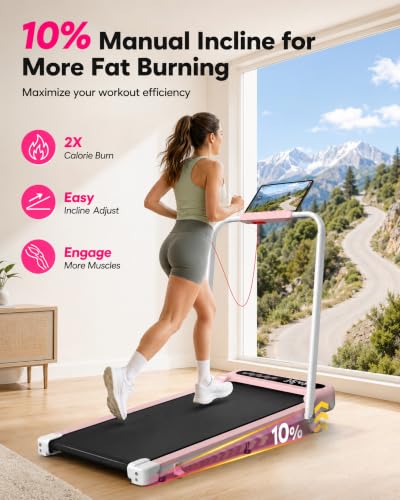 Cardirun Walking Pad with Incline and Stable Handle Bar, Foldable Treadmill | 350+ lbs Capacity, 3.0HP Quiet Under Desk Treadmills for Home, Portable Treadmill with APP, Remote Control and LED Display - color: PINK