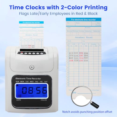 Time Clock for Employees Small Business, Auto-Align Punch Clock with 50 Time Cards, 2-Color Printing (Black/Red), Backlit LED Display, Attendance Machine for Office