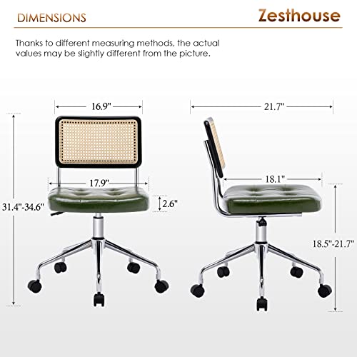 Zesthouse Leather Office Desk Chair with Wheels, Mid Century Rolling Desk Chair with Natural Rattan Back, Modern Swivel Home Office Chair, Small Height Adjustable Computer Task Chair, Green - color: Green, size: Armless