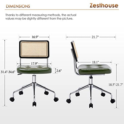 Zesthouse Leather Office Desk Chair with Wheels, Mid Century Rolling Desk Chair with Natural Rattan Back, Modern Swivel Home Office Chair, Small Height Adjustable Computer Task Chair, Green - color: Green, size: Armless