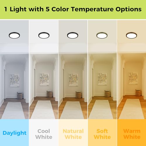 hepside LED Flush Mount Ceiling Light Fixture, 7Inch 15W, Dimmable&3000K/3500K/4000K/5000K/6500K Adjustable Low Profile Ceiling Lights, 1500LM Round Lamp for Bathroom, Closet, Kitchen, Hallway, Black - color: Black, size: 7Inch-1pack