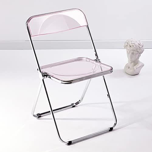 Acrylic Folding Chair, Plastic Foldable Seat with Chrome Frame | Pink Stackable Vanity Chair for Home Office, Lightweight Clear Accent Side Chair for Desk, Party, Space Saving Dining Chair - color: Pink