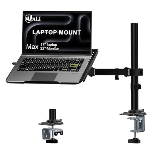 WALI Adjustable Laptop Desk Mount for 17 inch Notebook or 32 inch Screen | 2-In-1 Single Monitor Arm with Laptop Holder, Laptop Stand with Ventilated Tray, Up to 22 lbs, (M00LP), Black - color: Black (Adjustable), size: Single