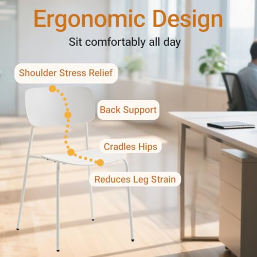 Sidanli Modern Stacking Chairs, White, Set of 4 | Plastic Seat with Sturdy Metal Frame, Capacity 300lbs, Compact Design, Chairs for Waiting Break Room Classroom, Easy to Clean - color: White
