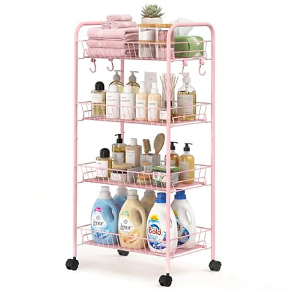 PLKOW 4-Tier Rolling Utility Cart with Detachable Baskets, Pink - color: Pink