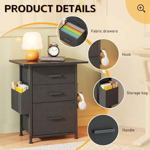 3-Drawer Mobile File Cabinet with 22" Wide Printer Stand, Fabric Under Desk Filing Cabinet with Side Bag & Headphone Hook, Fits Letter/A4 Size Hanging File Folders, Rolling Home Office Organizer,Black - color: Black