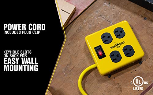 Southwire Yellow Jacket Metal Power Block - Heavy Duty Design - 4 Outlet Grounded Plug Splitter - Lighted Switch - 4 Ft Yellow Cord Plug - Durable Workshop Use - size: 4 ft