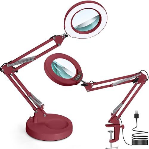 12X Magnifying Glass with Light and Stand, Upgrade Button 5 Color Modes Stepless Dimmable, 2-in-1 LED Lighted Magnifier Light, Hands Free Desk Lamp with Clamp for Craft Hobby Close Work - Red - color: Red, size: 12X 17.8inch Base & Clamp
