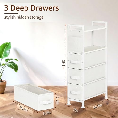 Oppro 3 Drawer Small Narrow Side End Table, Slim Nightstand with Wheels - color: White, size: 3 Drawers