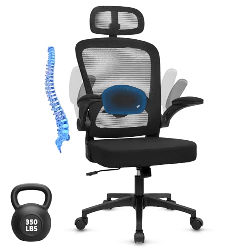 KLASIKA Desk Chairs with Wheels, Ergonomic Mesh Back Home Office Chair with Headrest, Adjustable Lumbar Support Swivel Rolling Computer Chairs with Flip Up Armrests for Conference Meeting Room, Black - color: Black_villy_headrest, size: 1PK