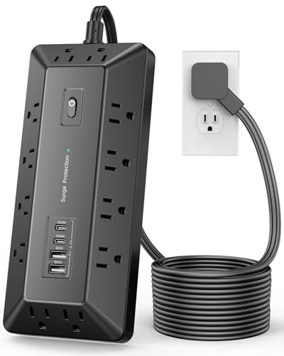 6 Ft Power Strip with Surge Protector 1800J, Extension Cord with Multiple Outlets 12AC+4USB(2USB-C Port for 20W), Flat Plug Outlet Extender with 1625W/13A for Laptop, Desk, Home Office Dorm - color: Black