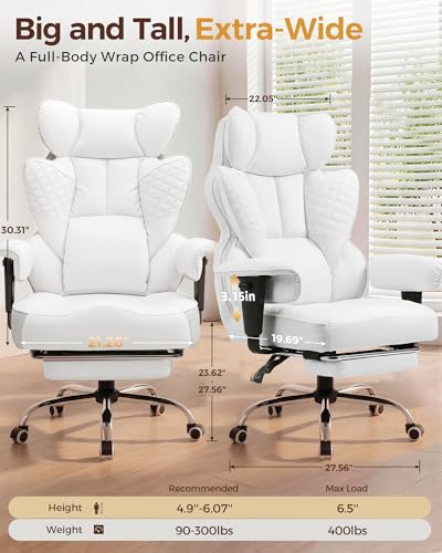 COMHOMA Big and Tall Office Chair Heavy Duty Gaming Chair with Deluxe Embossing Leather High Back Wider Ergonomic Computer Chair with Foot Rest 145°Reclining Pocket Spring Lumbar Support - color: Ivory White