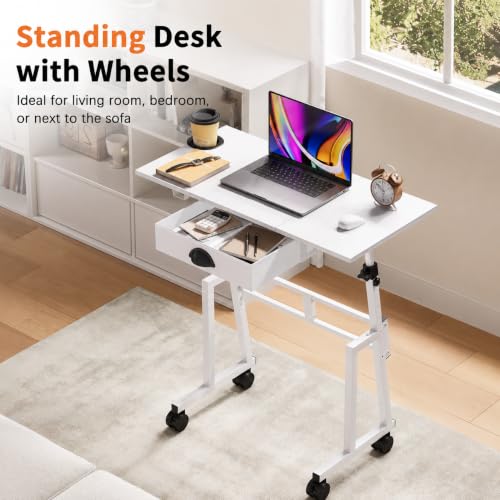 Honkazita Height Adjustable Standing Desk with Storage Drawer, White | Rolling Desk for Treadmill Walking Pad, Small Sit-Stand Desk with Lockable Wheels, Height Range 31.5"-43.3", Stable Design - color: White